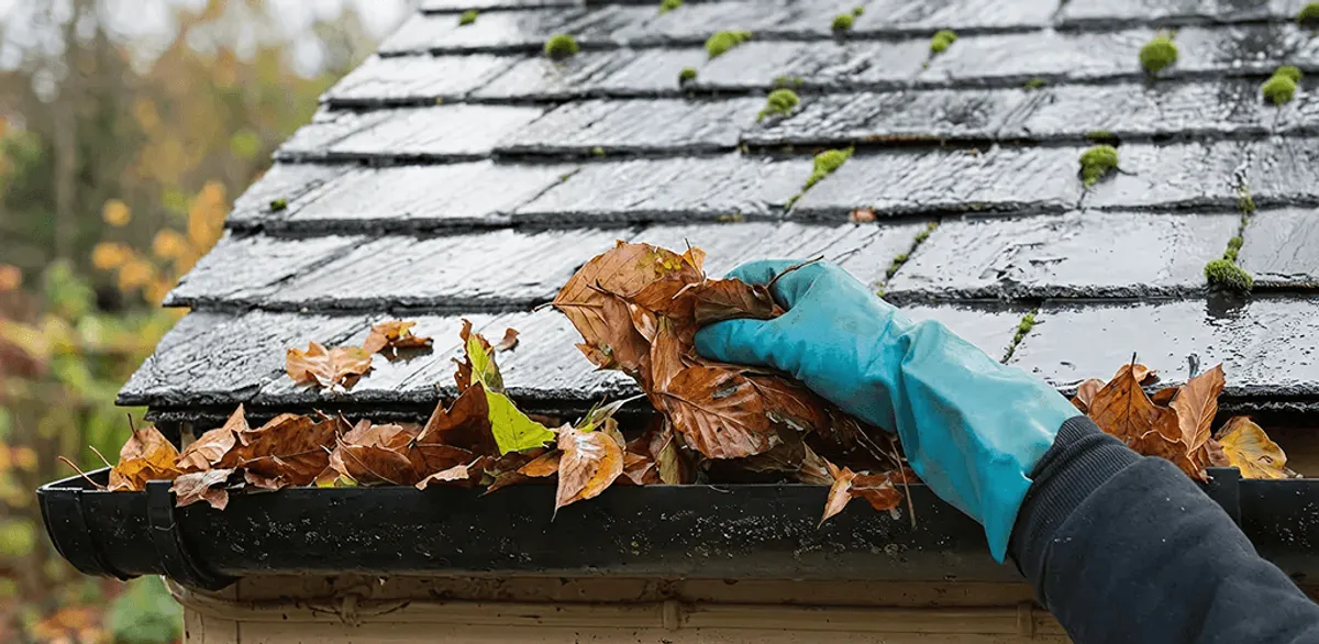 Gutter cleaning technician clearing wet leaves from roof gutters in Wichita, KS